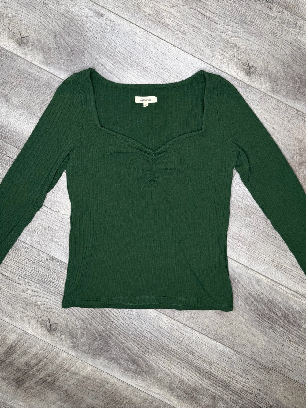Madewell Dark Green Ribbed Square-Neck Long Sleeve Top